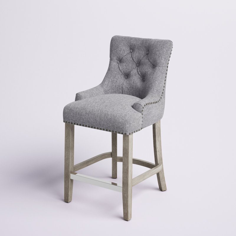 Linen Fabric Tufted Upholstered Counter Stool, Counter Stool (24” Seat Height), Gray Linen/Antique Gray Frame