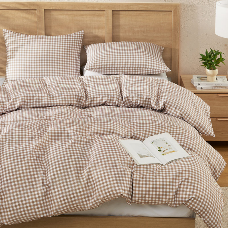 Housse de couette en vichy Andency pour lit très grand, ensemble de literie à carreaux brun clair à carreaux brun clair, housse d'édredon en microfibre pré-lavée 3 pièces avec fermeture à glissière et attaches d'angle
