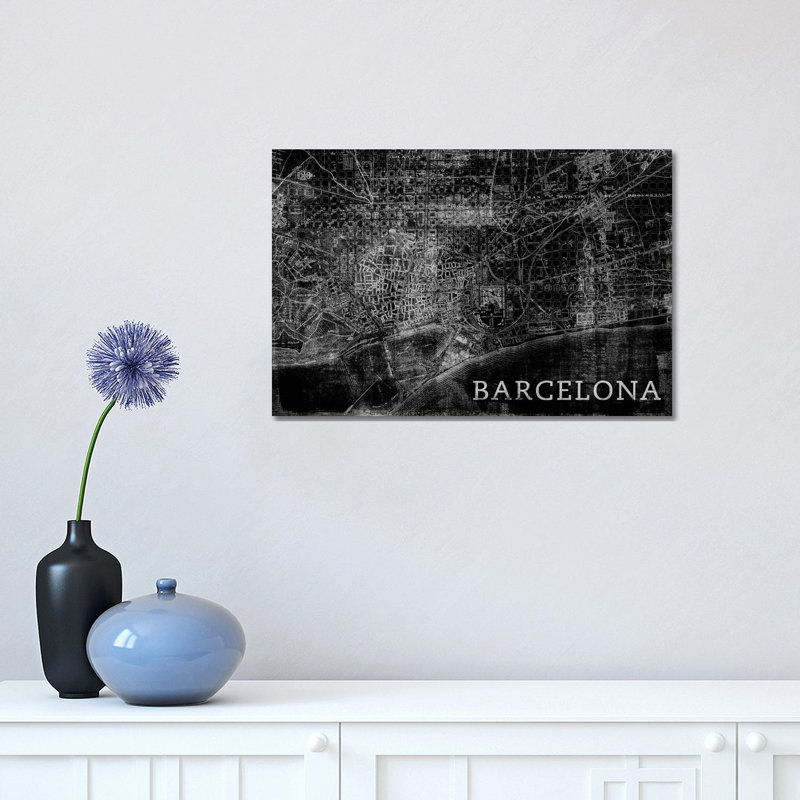 Map Barcelona, Vintage In Black by PI Studio - Wrapped Canvas Panoramic Print, 30.48 cm H x 45.72 cm W