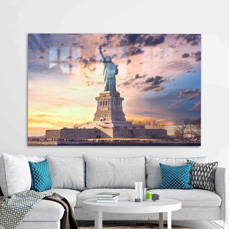 Statue de la liberté au coucher du soleil, œuvre d'art murale sur verre trempé 3D parfait pour les fêtes et cadeau personnalisé ou décoration murale de chambre