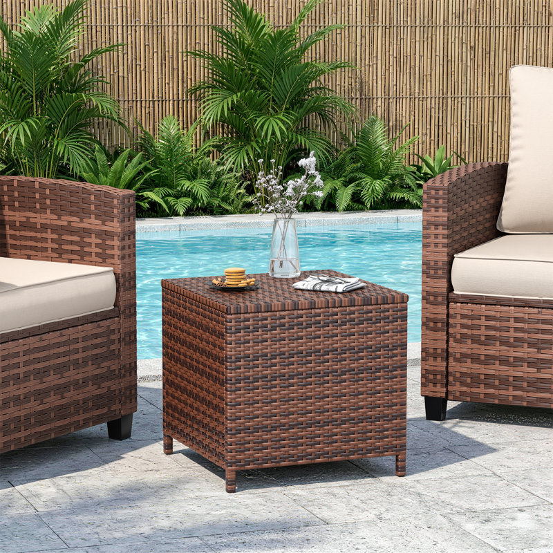  Alexandia Outdoor Square Rattan Wicker Side Table With Storage, Brown