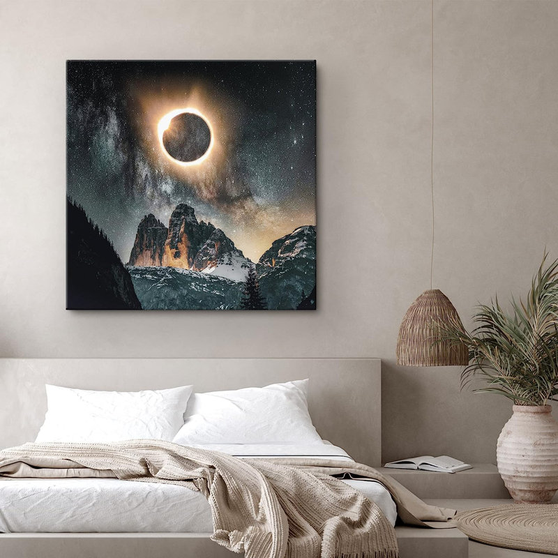 " Solar Eclipse Galaxy Over Snowy Mountains ", 12" H x 12" W x 1.5" D