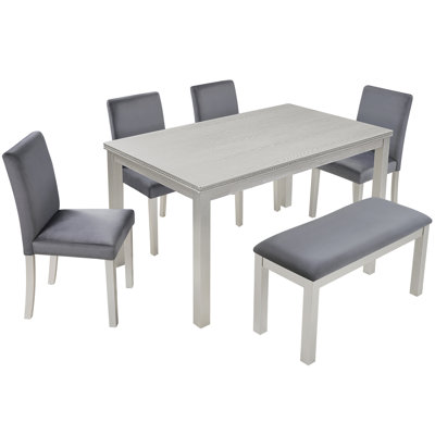 Ensemble de table de salle à manger 6 pièces en bois, table de salle à manger en bois avec 4 chaises rembourrées et banc pour 6 personnes, ensemble de table de salle à manger rectangulaire avec décoration en cristal pour la cuisine, la salle à manger