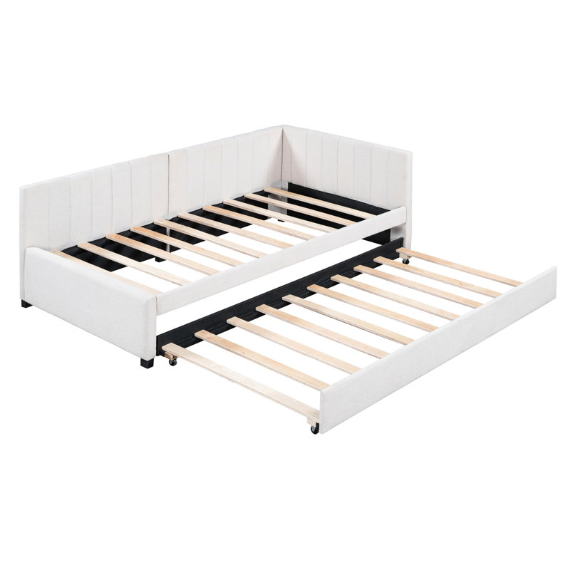 Structure de lit de jour rembourré avec lit gigogne simple, lin beige, sans sommier tapissier et fonctionnel