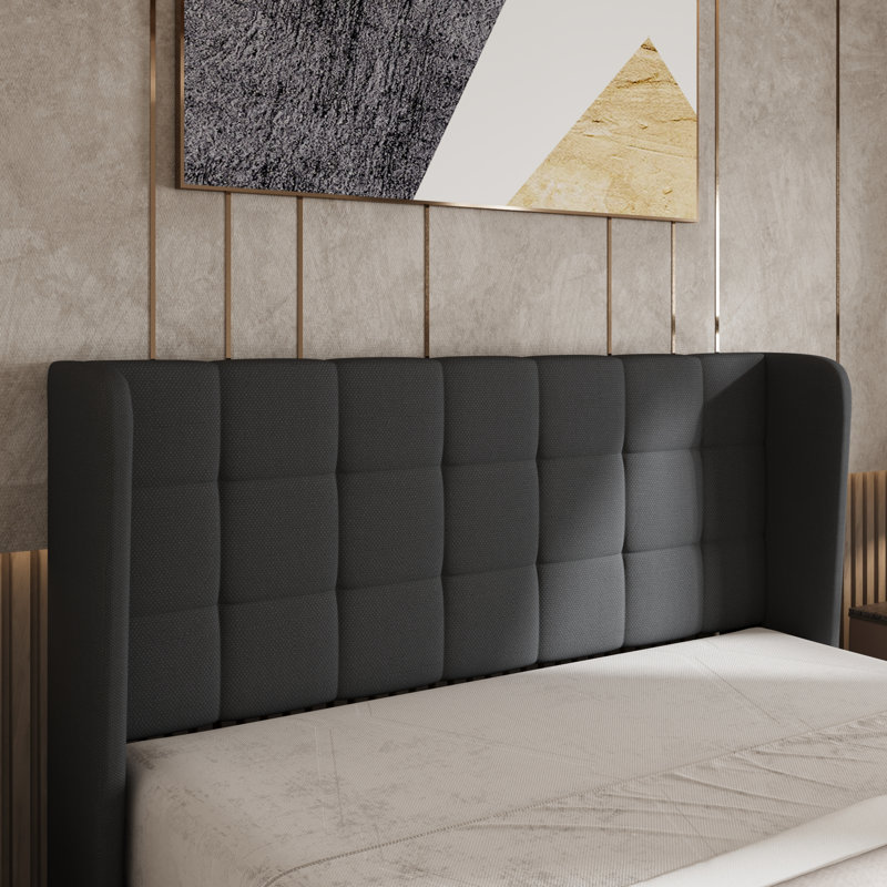 Upholstered Bed with Square Tufting and Wingback, Full, Dark Grey