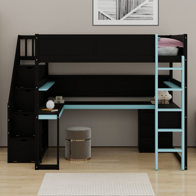 Lit mezzanine en bois avec rangement pour escalier, bureau d'étude, tablettes et panneau perforé