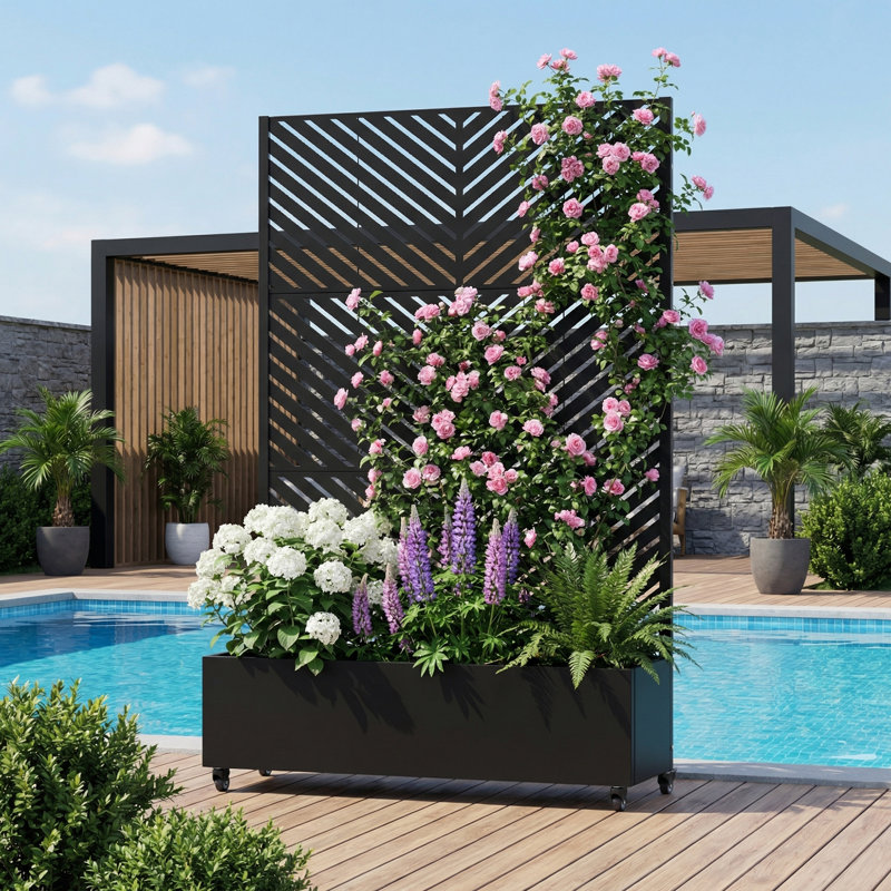 Euel Metal Planter Box with Trellis and Wheels, 72" H x 47" W x 16" D, Black, 1