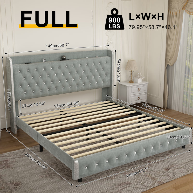 Modern Upholstered Bed Frame With Crystal Button Headboard And LED Starry Night Light, No Box Spring Needed, Gray