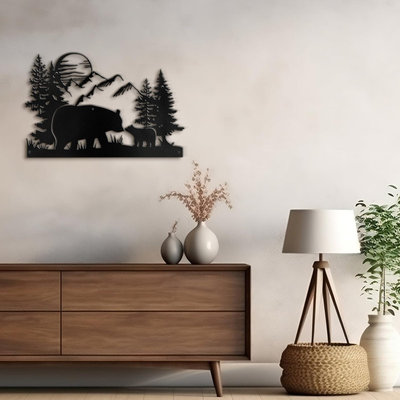 Bears in Forest Animal Mountains, décoration murale abstraite moderne en métal noir, Noir, H 24 po x l 36 po x P 0,05 po