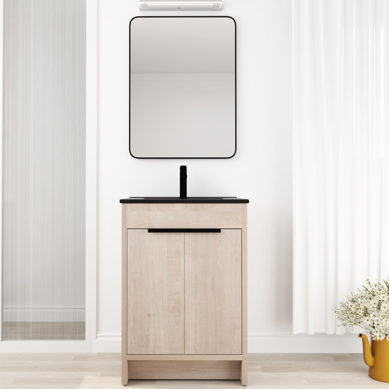 Meuble-lavabo de salle de bain autoportant 24 po avec lavabo et portes en céramique noire - élément d'ingrédient à fermeture en douceur 24 po