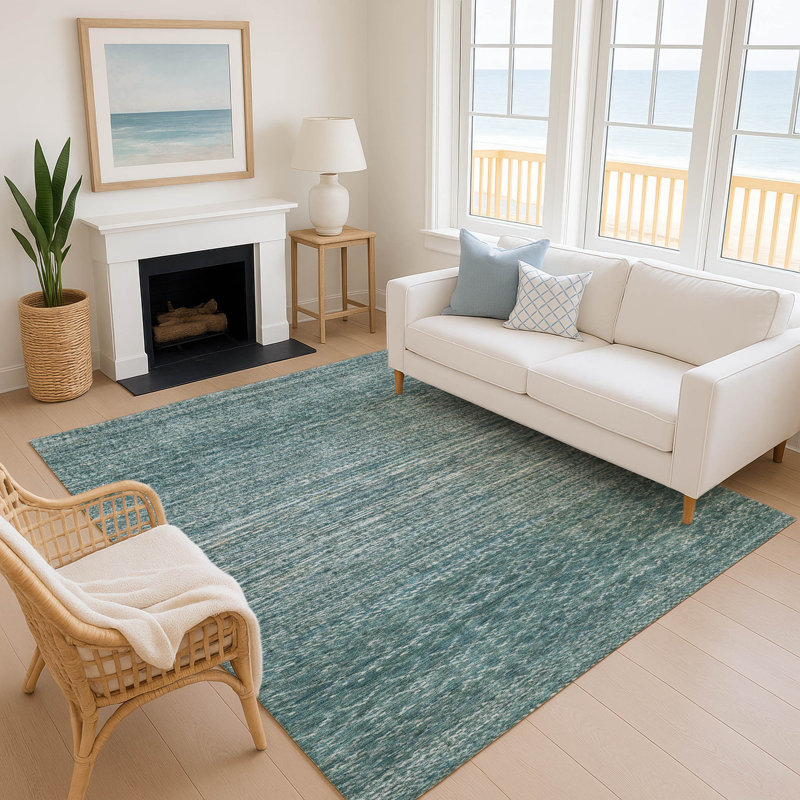 Premium Machine Washable Mayfield AMF2150 Striped Rug, Teal, Rectangle 2'6" x 3'10"