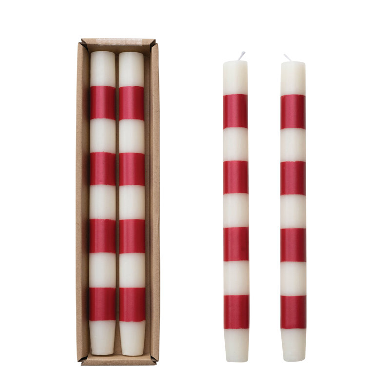 Unscented Taper Candles With Stripes In Box, Red