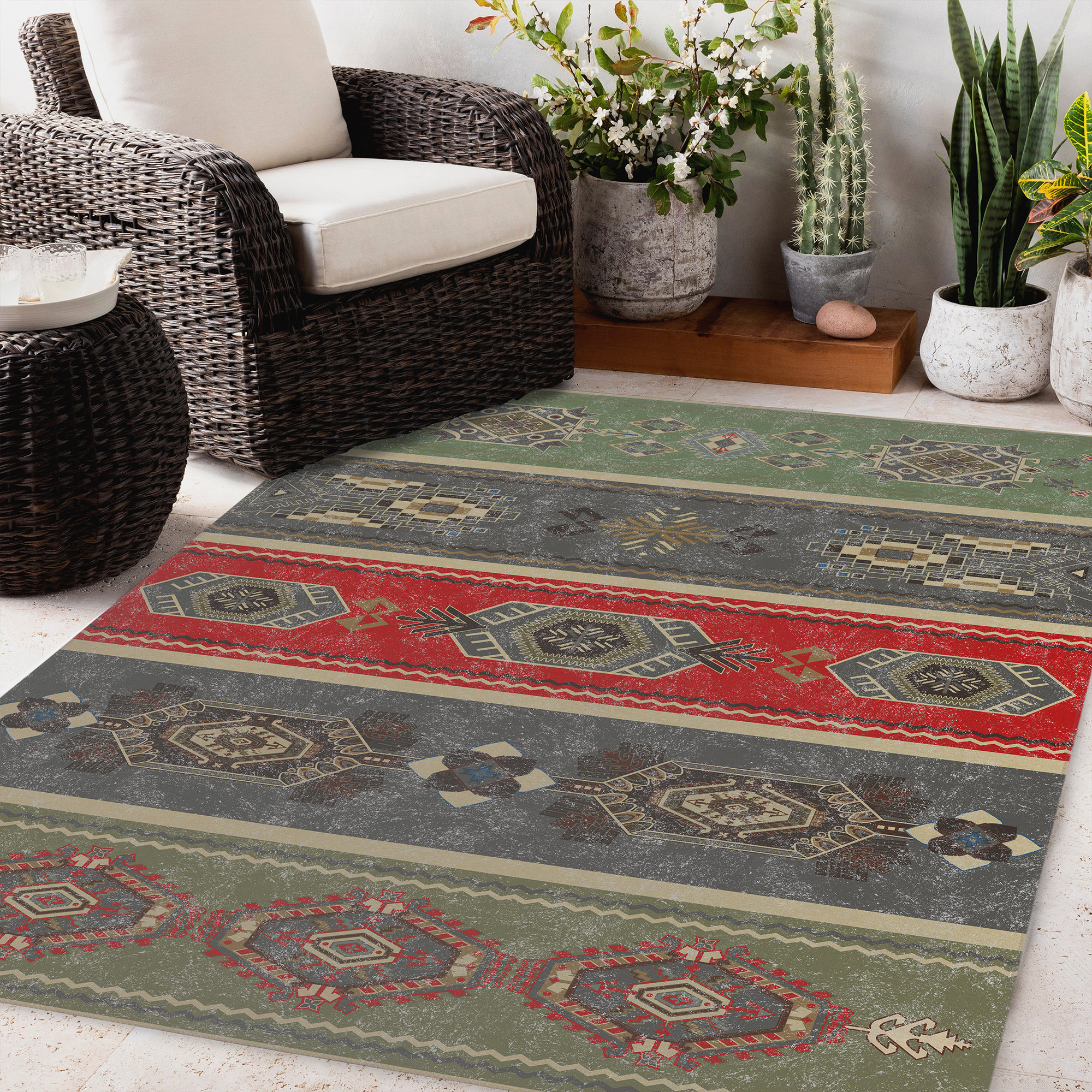 KAVKA DESIGNS Southwestern Green/Red/Grey Indoor / Outdoor Area Rug ...