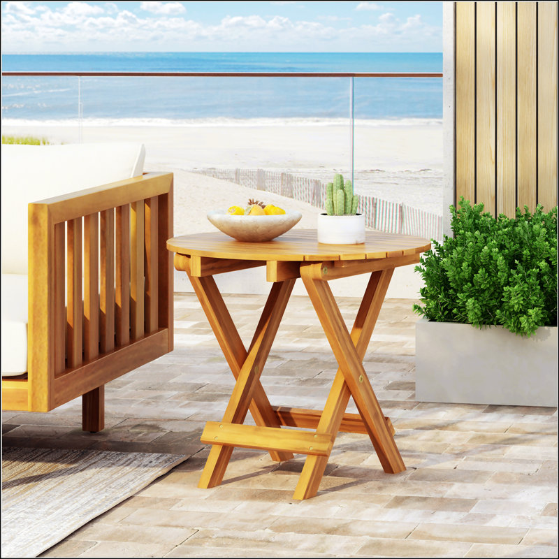 Table d'appoint pliable et réglable en bois d'acacia avec finition en teck, aucune installation requise pour une utilisation intérieure et extérieure