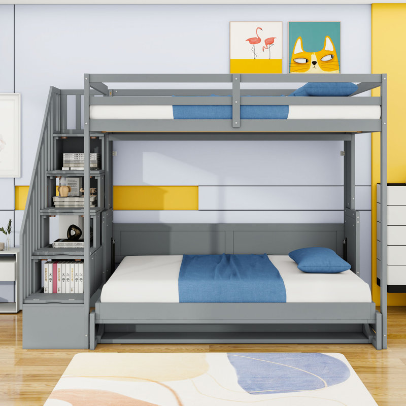 Wood Twin Over Twin Bunk Bed With Staircase, Gray
