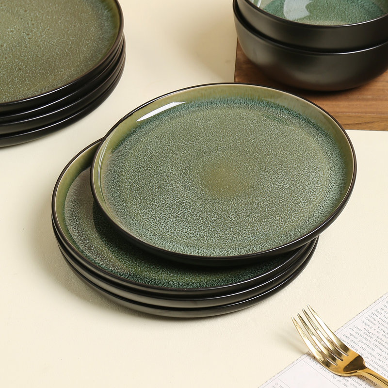 ALOFMO Oynx 12 Piece Stoneware Dinnerware Set, Service for 4, Green/Black