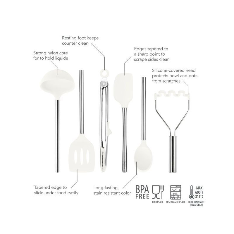 Silicone Utensil Set of 6 - Black, White