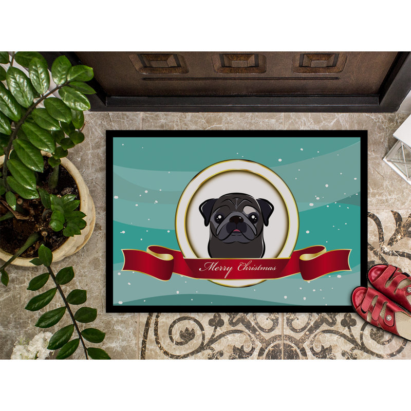 Tapis de porte pour l’extérieur antidérapant carlin merry christmas, Noir, Rectangle 1 pi 6 po x 2 pi 3 po