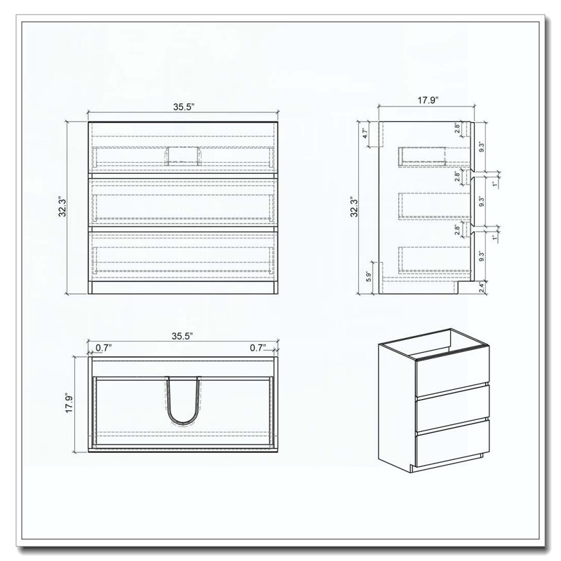 Armoire de plancher avec trois tiroirs préassemblés sans poignée, Noyer