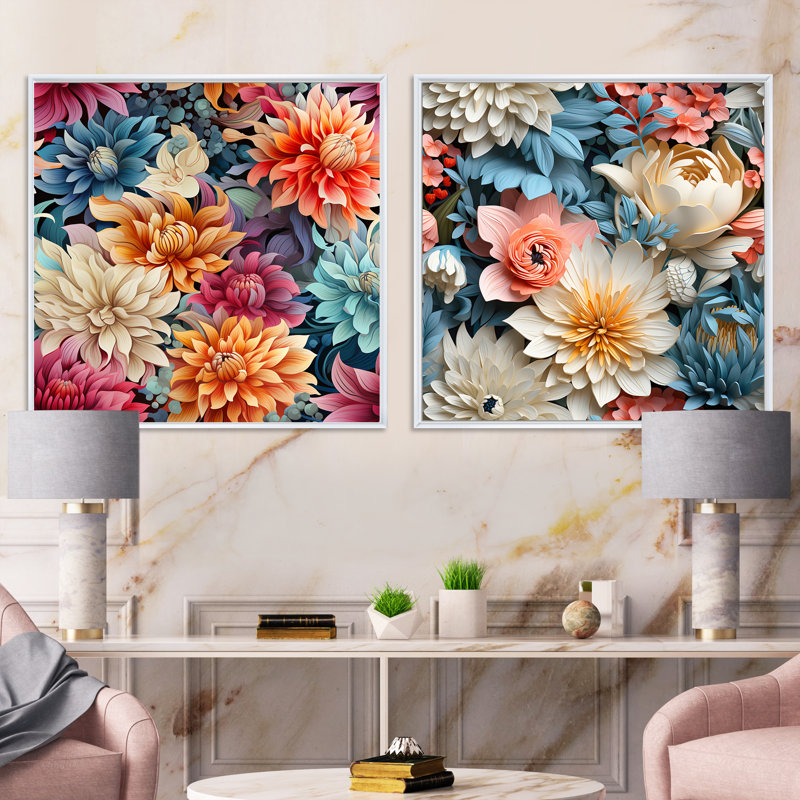 Parris - Ensemble de 2 collages carrés floraux, Cadre flottant blanc, H 30 po x l 61 po
