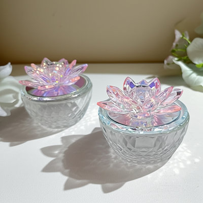 Freese Decorative Round Glass Box with Lotus Top for Home Decor - Modern Keepsake Storage Box for Office Organizer or Living Room Decor - Set of 2, 4"
