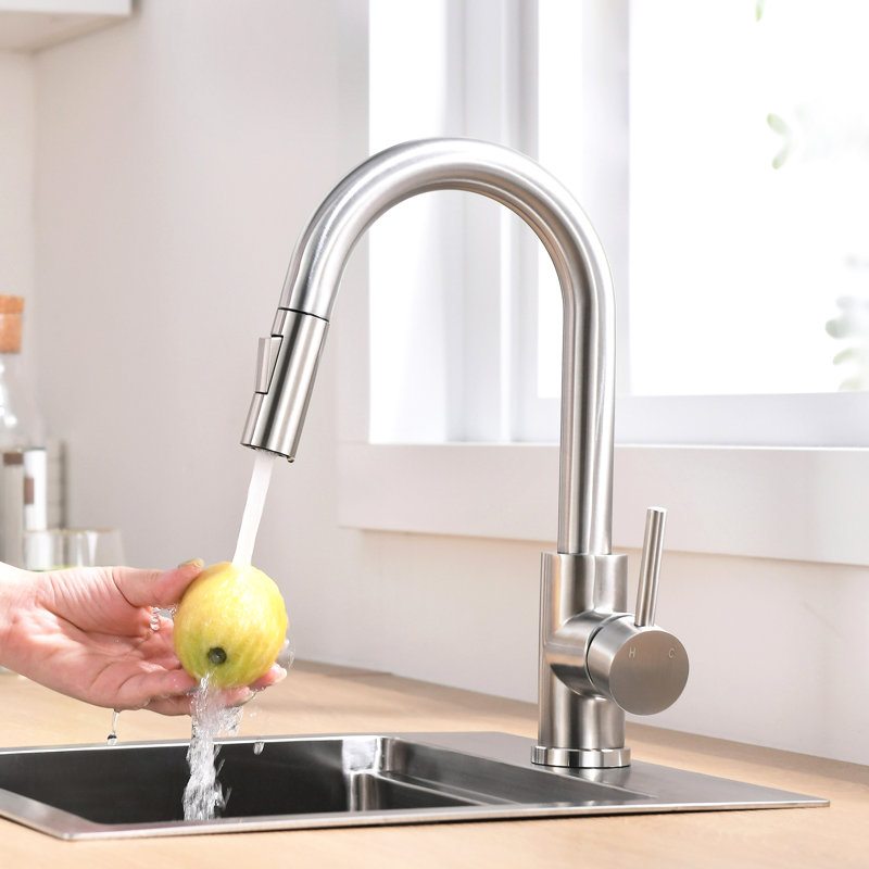 Pull Down Bathroom Faucet, Brushed Nickel Kitchen Sink Modern Ceramic Filler Faucet In Nickel, Out Spray Head, Contemporary Style Bar