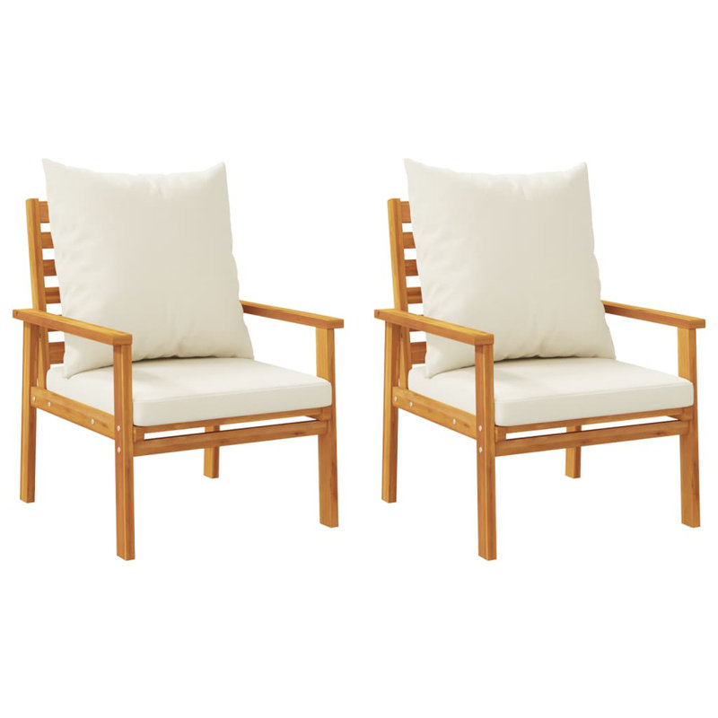  Chaise de patio 2 pièces avec coussin en bois d'acacia massif, Blanc, crème
