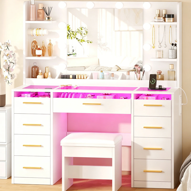 Adriel 43.3"W Makeup Vanity Desk With Lights, See-Through Desktop, Power Outlet