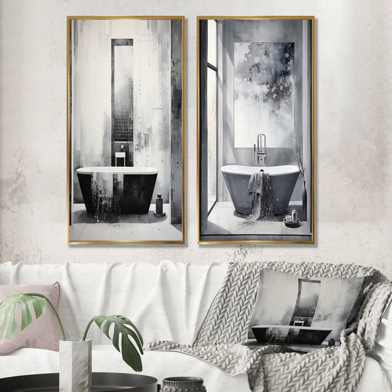 «Bathroom Minimalist Elegance I», ensemble d'art mural sur toile 2 pièces, H 40 po x l 41 po, Encadrement doré