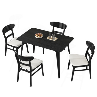 Ensemble de salle à manger 5 pièces de style Mid-Century moderne, structure en bois d'hévéa, une table et 4 chaises rembourrées, noir et beige clair