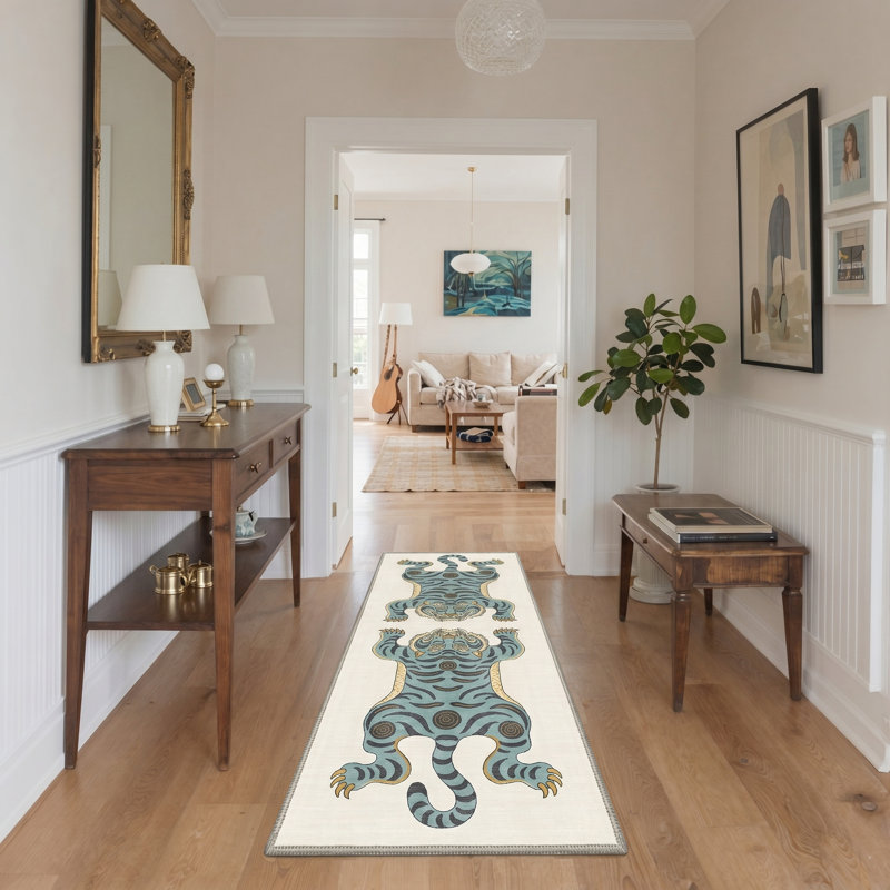 Tigris Animal Print Machine Washable Beige / Blue Indoor Area Rug with Non-Slip Backing, Runner 2' x 6'