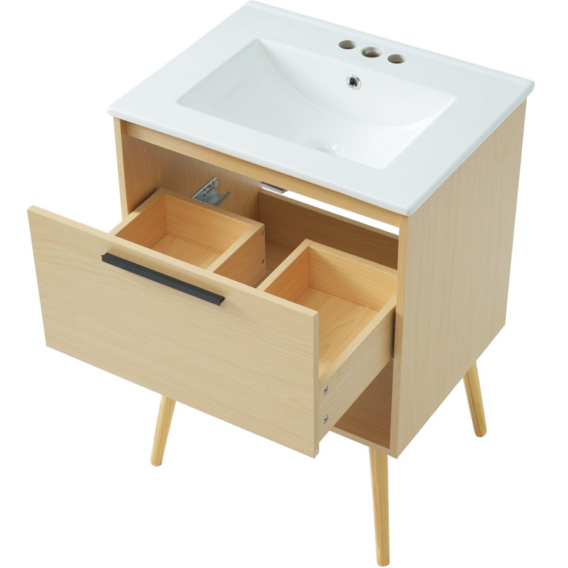 Meuble-lavabo de 24 po avec lavabo en céramique, décoration naturelle, bois massif, trou de drain de lavabo lisse, meuble-lavabo à tiroir fonctionnel