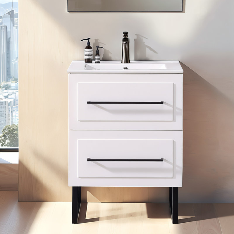  24" Modern White Free-Standing Single Bathroom Vanity Set With Ceramic Top