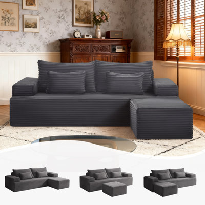 83" L Shaped Sofa Modular, Corduroy Cloud Couches with Deep Seats Couches for Living Room Bedroom with Ottoman, No Assembly Required