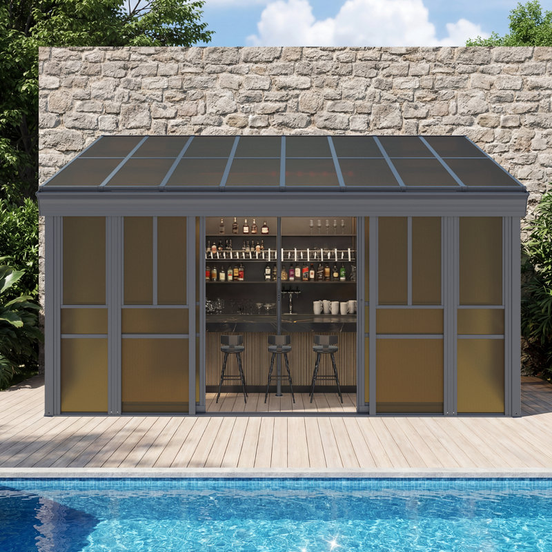 16 ft. W x 10 ft. D Outdoor Wall Mounted Sunroom Gazebo – All-Season Aluminum Solarium with Ventilated PC Double Roof, Sliding Doors, and Adjustable Screen Windows for Patio, Deck & Hot Tub, Gray