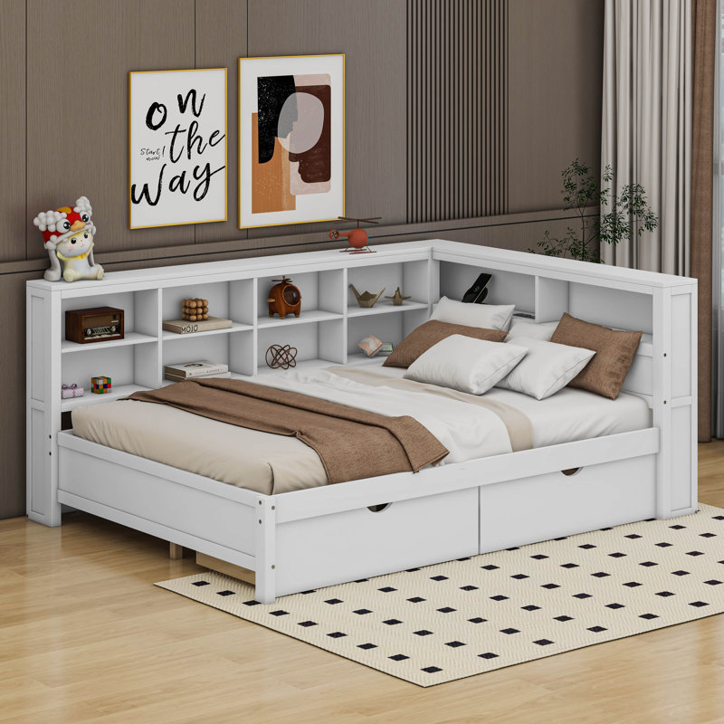 Lit de jour en bois avec 2 tiroirs, tablette et ports de chargement USB, Double, Blanc