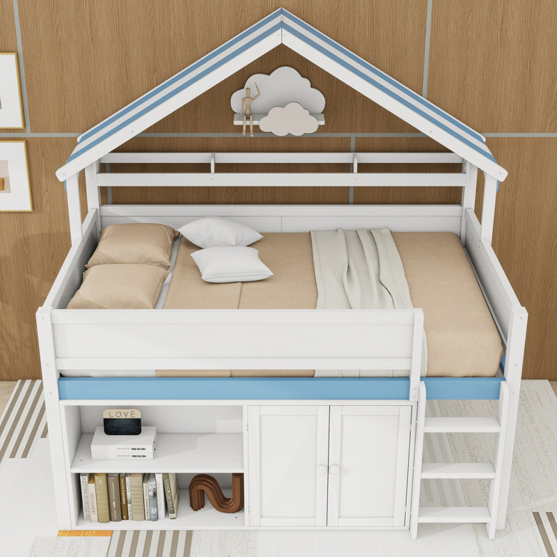 Wooden Frame Loft Bed With Cabinets And Shelves, White Blue