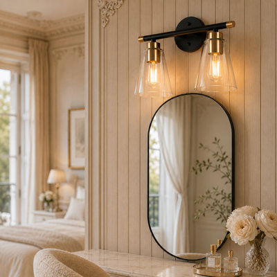 Applique murale contemporaine à 2 lumières avec variateur et abat-jour en verre transparent, noir et laiton, pour salle de bain