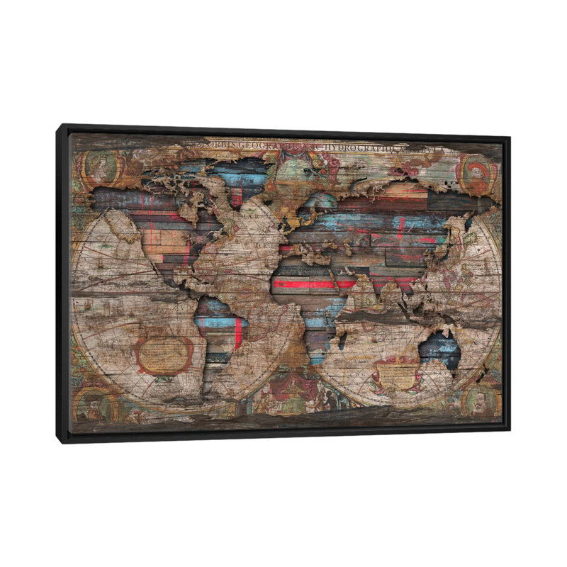 " Distressed World Map " by Diego Tirigall, 18" H x 26" W x 1.5" D, Black Framed Canvas, No Mat