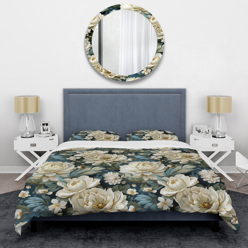 Ensemble de housse de couette floral en polyester microfibre beige et vert, Housse de couette pour grand lit et 2 taies décor