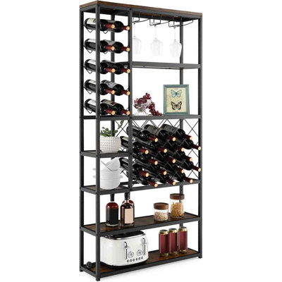 Floor Wine Bottle & Glass Rack in Rustic Brown