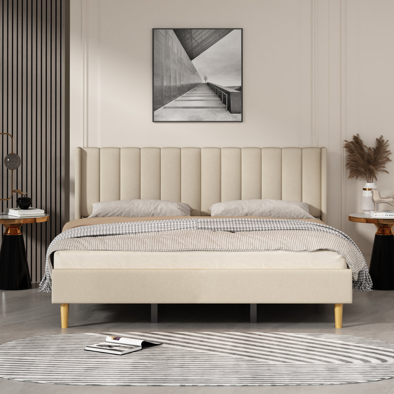 Torrick Upholstered Platform Bed with Tufted Wingback Headboard, King, Beige 100% Linen