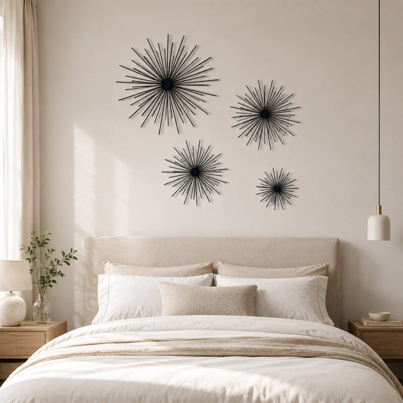 Ensemble de 4 décorations murales en métal Starburst avec finition noire 3D