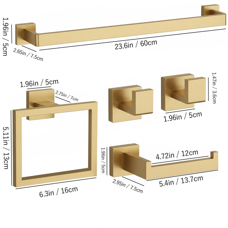 Ensemble de fixation murale de salle de bain 20 pièces SUS304 avec porte-serviettes 23,6 po, Brushed Glod