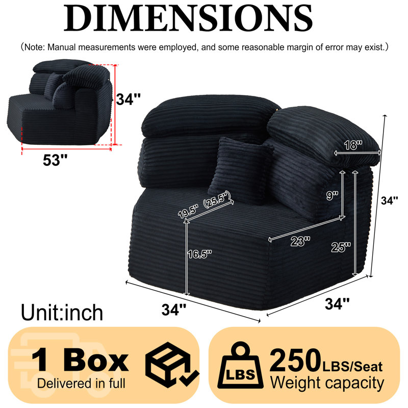 Chaises d'appoint modernes, chaise longue en velours côtelé noir 53 pouces pour la maison