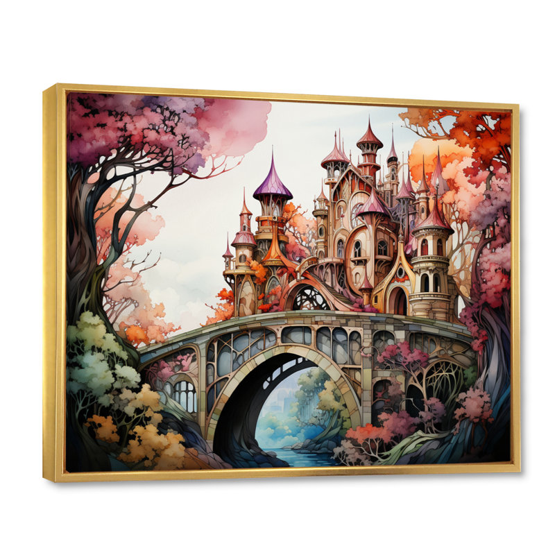 Beige Bridge Whimsical Archway, reproduction d'art sur toile encadrée, H 24 po x l 32 po x P 1 po, Cadre flottant doré