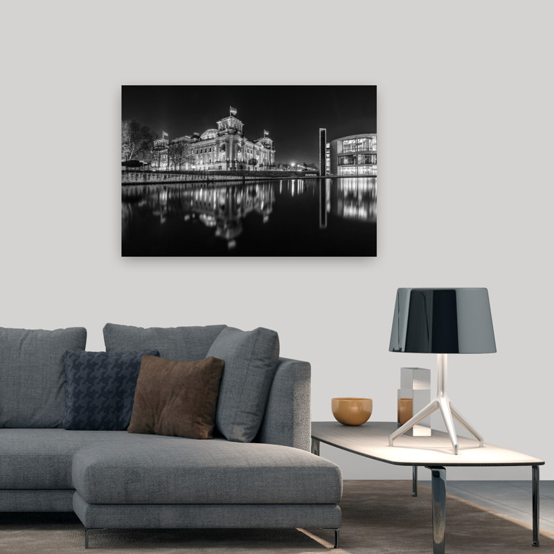 Reichstag, nuit, réflexion, art abstrait moderne, impression d'art mural de la ville, H 32 po x l 48 po