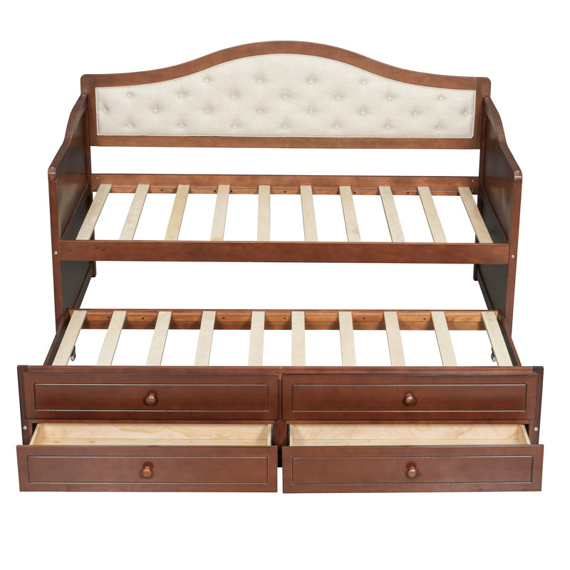 Lit de jour simple avec lit gigogne et 2 espaces de rangement, noyer rembourré à boutons pour pièces fonctionnelles, unités de lit élégantes