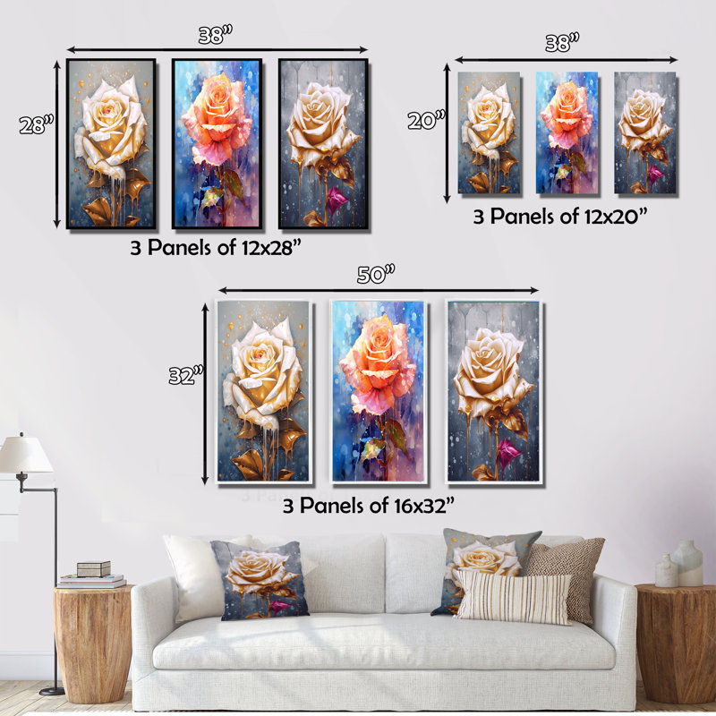 «Cream Gold Rose Reverie», 3 pièces sur toile, Toile tendue, H 32 po x l 48 po