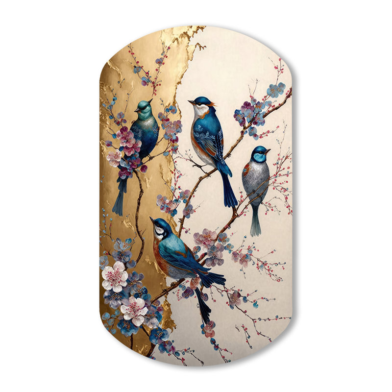 Décoration murale en métal multicolore oiseaux sur prunier II - forme cylindrique d'oiseau, H 43 po x l 23 po